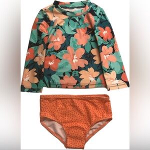 Carter's - Girls 2PC Orange & Green Floral Print Rash Guard Swim Suit